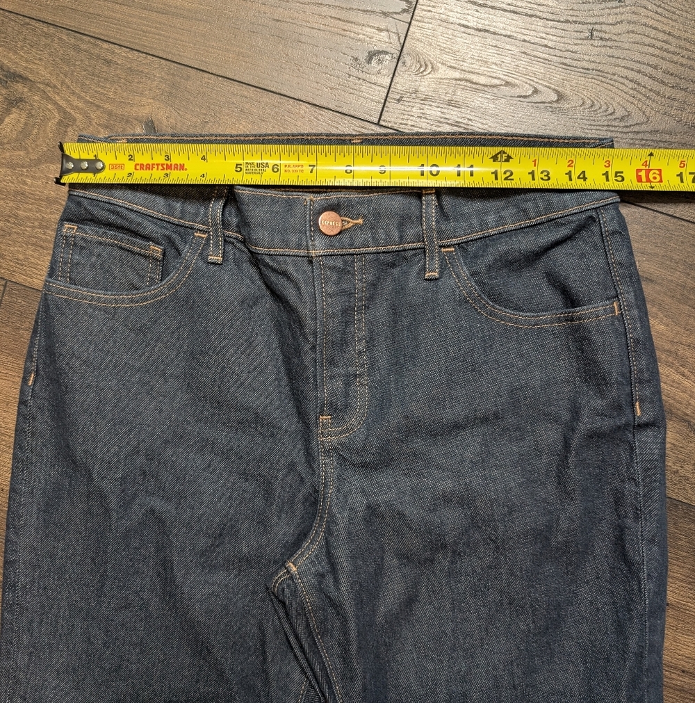 Express 70s Midrise Dark Blue Flare Gold/Copper Seam Button Accent Jeans Size 8R - Picture 3 of 8